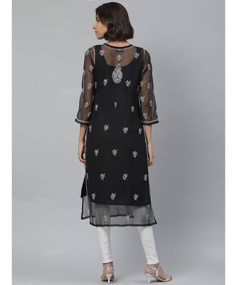 Ada Hand Embroidered Black Georgette Lucknowi Chikan Women Kurta With Slip - A411129 3