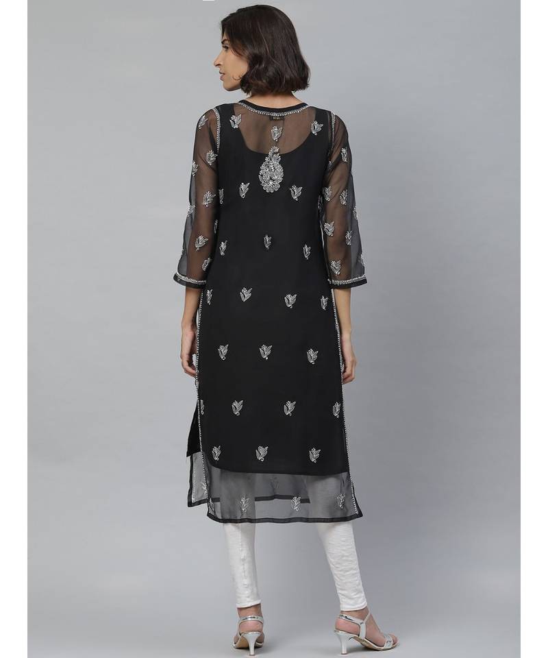 Ada Hand Embroidered Black Georgette Lucknowi Chikan Women Kurta With Slip - A411129