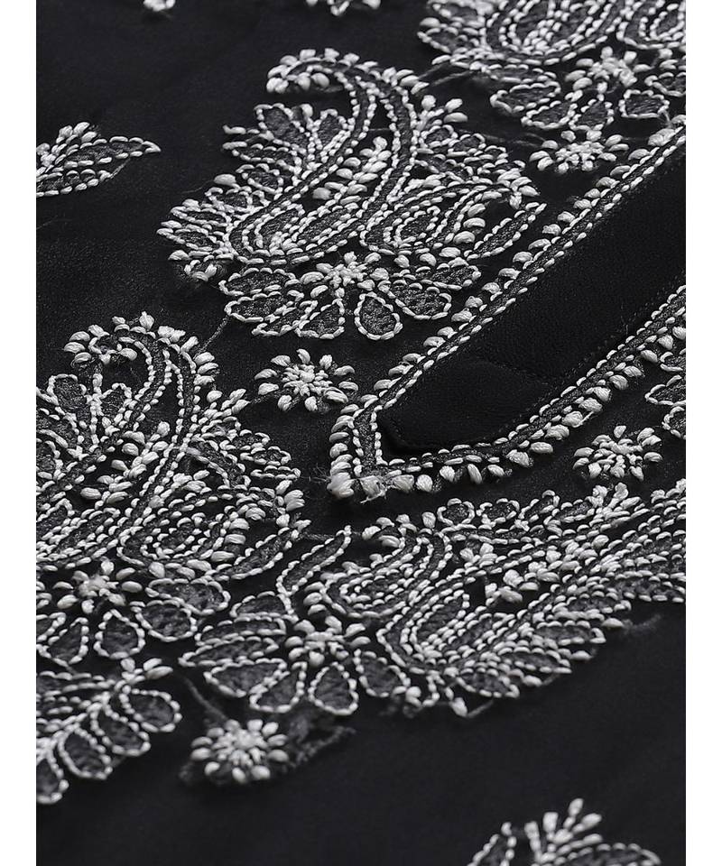 Ada Hand Embroidered Black Georgette Lucknowi Chikan Women Kurta With Slip - A411129