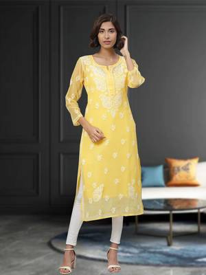 Hand Embroidered Yellow Georgette Lucknowi Chikan Women Kurta With Slip 1