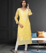 Hand Embroidered Yellow Georgette Lucknowi Chikan Women Kurta With Slip