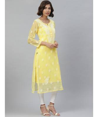 Hand Embroidered Yellow Georgette Lucknowi Chikan Women Kurta With Slip 2
