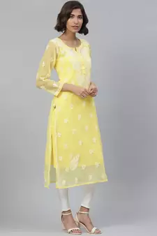 Hand Embroidered Yellow Georgette Lucknowi Chikan Women Kurta With Slip