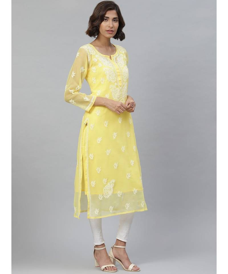 Hand Embroidered Yellow Georgette Lucknowi Chikan Women Kurta With Slip