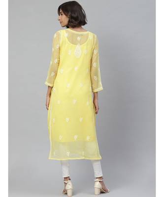 Hand Embroidered Yellow Georgette Lucknowi Chikan Women Kurta With Slip 4