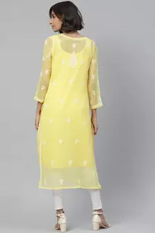 Hand Embroidered Yellow Georgette Lucknowi Chikan Women Kurta With Slip