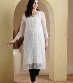 Hand Embroidered White Georgette Lucknowi Chikan Women Kurta With Slip