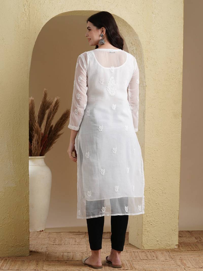 Hand Embroidered White Georgette Lucknowi Chikan Women Kurta With Slip