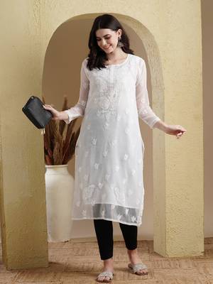 Hand Embroidered White Georgette Lucknowi Chikan Women Kurta With Slip 4