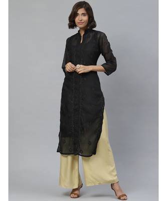 Ada Hand Embroidered Black Kota Lucknowi Chikan Women Kurta-Slip With Muqaish Work - A411126 1