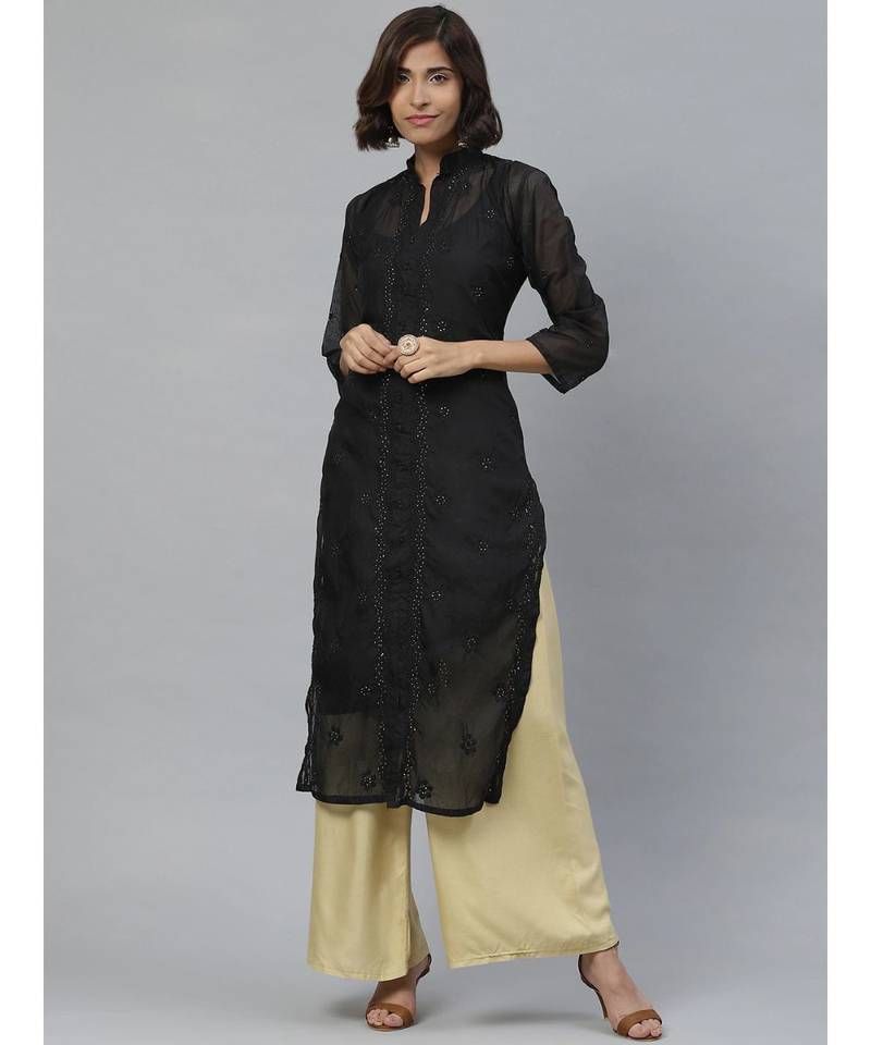Ada Hand Embroidered Black Kota Lucknowi Chikan Women Kurta-Slip With Muqaish Work - A411126