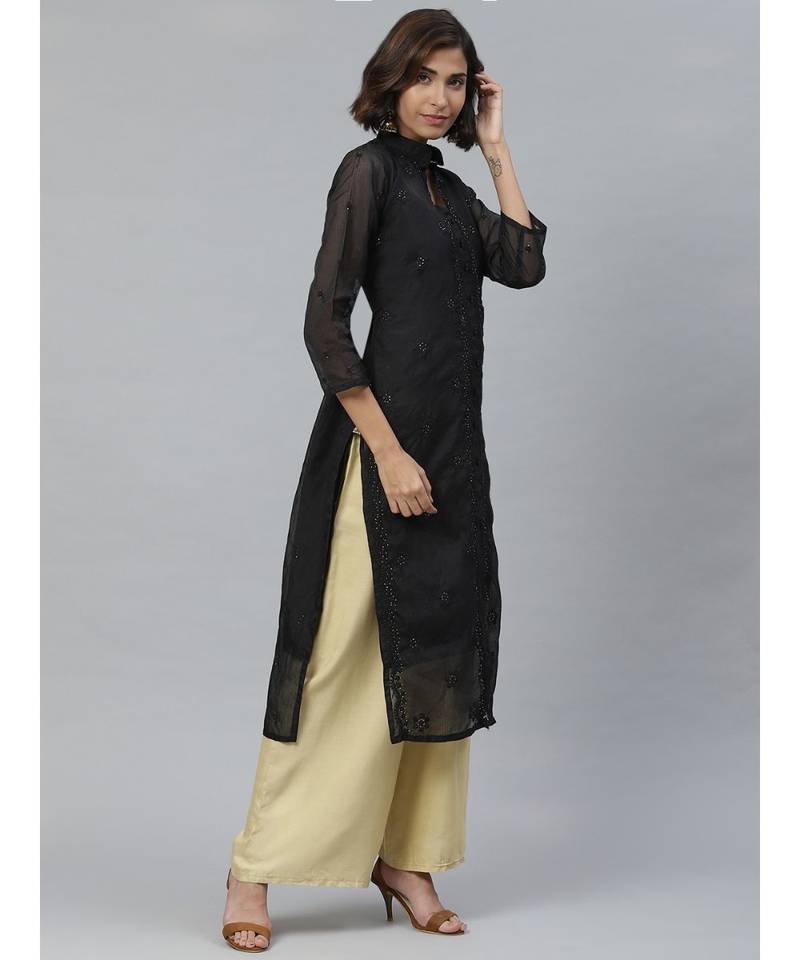 Ada Hand Embroidered Black Kota Lucknowi Chikan Women Kurta-Slip With Muqaish Work - A411126