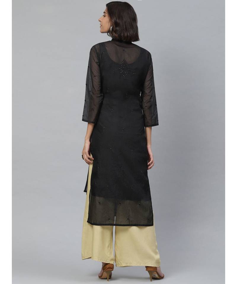 Ada Hand Embroidered Black Kota Lucknowi Chikan Women Kurta-Slip With Muqaish Work - A411126