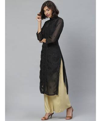 Ada Hand Embroidered Black Kota Lucknowi Chikan Women Kurta-Slip With Muqaish Work - A411126 4