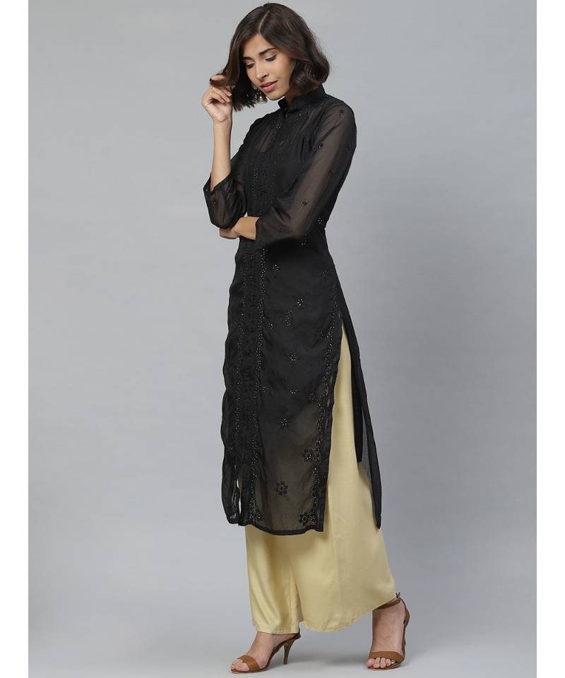 Ada Hand Embroidered Black Kota Lucknowi Chikan Women Kurta-Slip With Muqaish Work - A411126