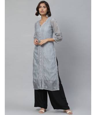 Ada Hand Embroidered Grey Kota Lucknowi Chikan Women Kurta-Slip With Muqaish Work - A411125 1