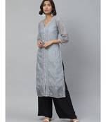 Ada Hand Embroidered Grey Kota Lucknowi Chikan Women Kurta-Slip With Muqaish Work - A411125