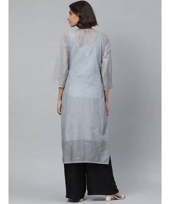 Ada Hand Embroidered Grey Kota Lucknowi Chikan Women Kurta-Slip With Muqaish Work - A411125 2