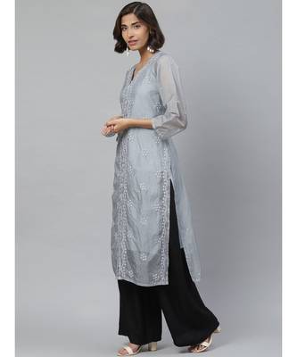 Ada Hand Embroidered Grey Kota Lucknowi Chikan Women Kurta-Slip With Muqaish Work - A411125 3