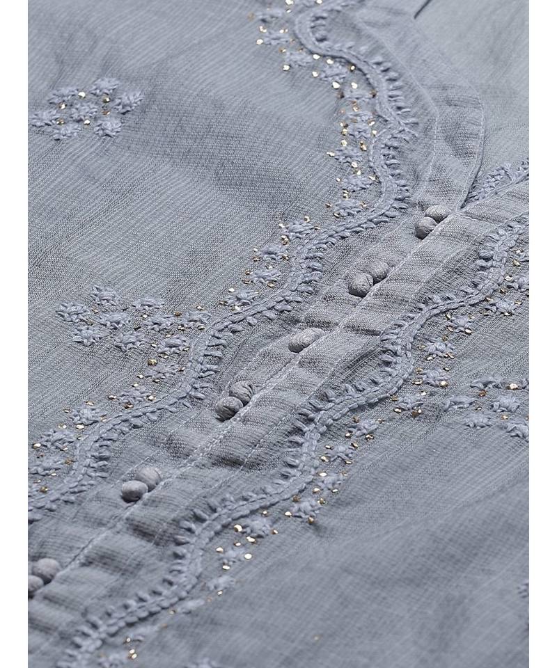 Ada Hand Embroidered Grey Kota Lucknowi Chikan Women Kurta-Slip With Muqaish Work - A411125
