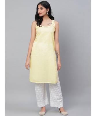 Ada Hand Embroidered Yellow Georgette Lucknow Chikankari Women Kurta-Slip With Gotapatti Work - A411111 2