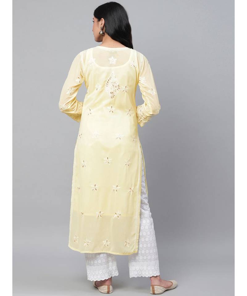 Ada Hand Embroidered Yellow Georgette Lucknow Chikankari Women Kurta-Slip With Gotapatti Work - A411111
