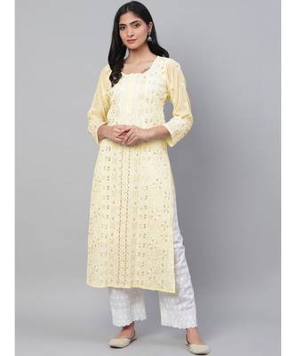 Ada Hand Embroidered Yellow Georgette Lucknow Chikankari Women Kurta-Slip With Gotapatti Work - A411111 1