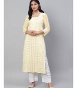 Ada Hand Embroidered Yellow Georgette Lucknow Chikankari Women Kurta-Slip With Gotapatti Work - A411111