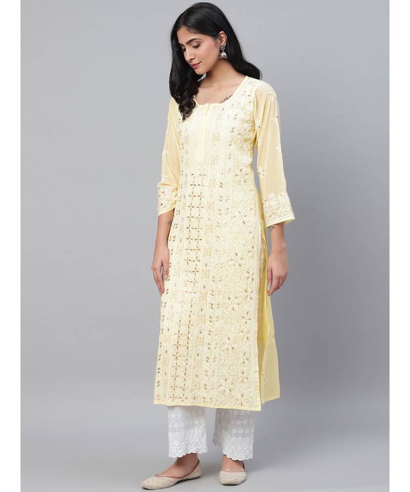Ada Hand Embroidered Yellow Georgette Lucknow Chikankari Women Kurta-Slip With Gotapatti Work - A411111