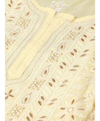 Ada Hand Embroidered Yellow Georgette Lucknow Chikankari Women Kurta-Slip With Gotapatti Work - A411111 5