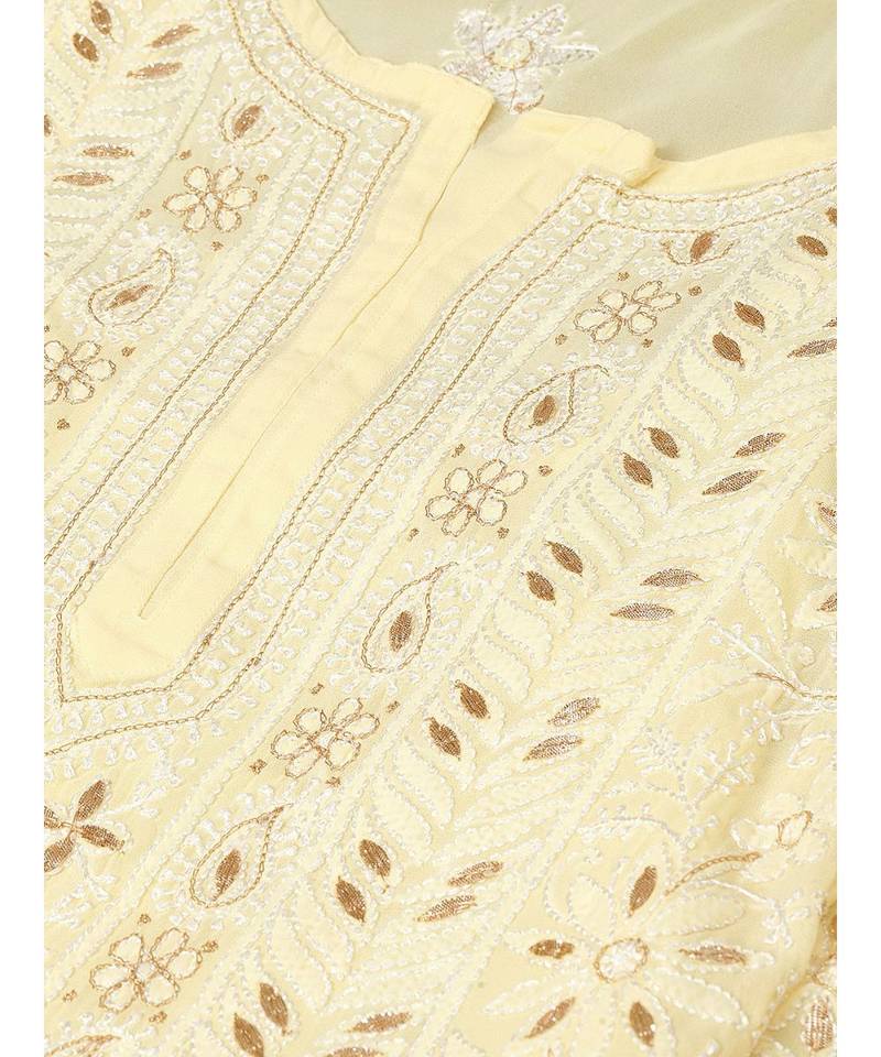 Ada Hand Embroidered Yellow Georgette Lucknow Chikankari Women Kurta-Slip With Gotapatti Work - A411111