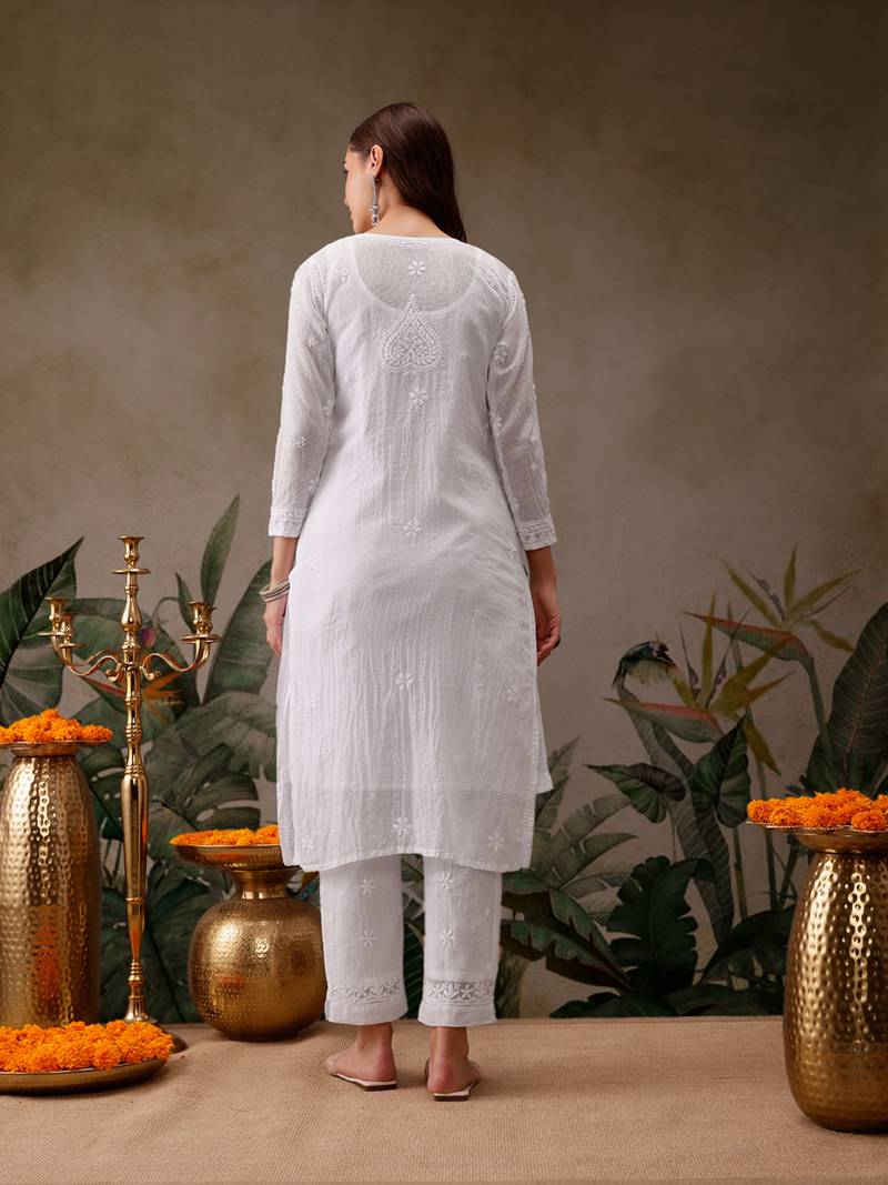 Hand Embroidered White Kota Lucknowi Chikankari Kurta With Slip