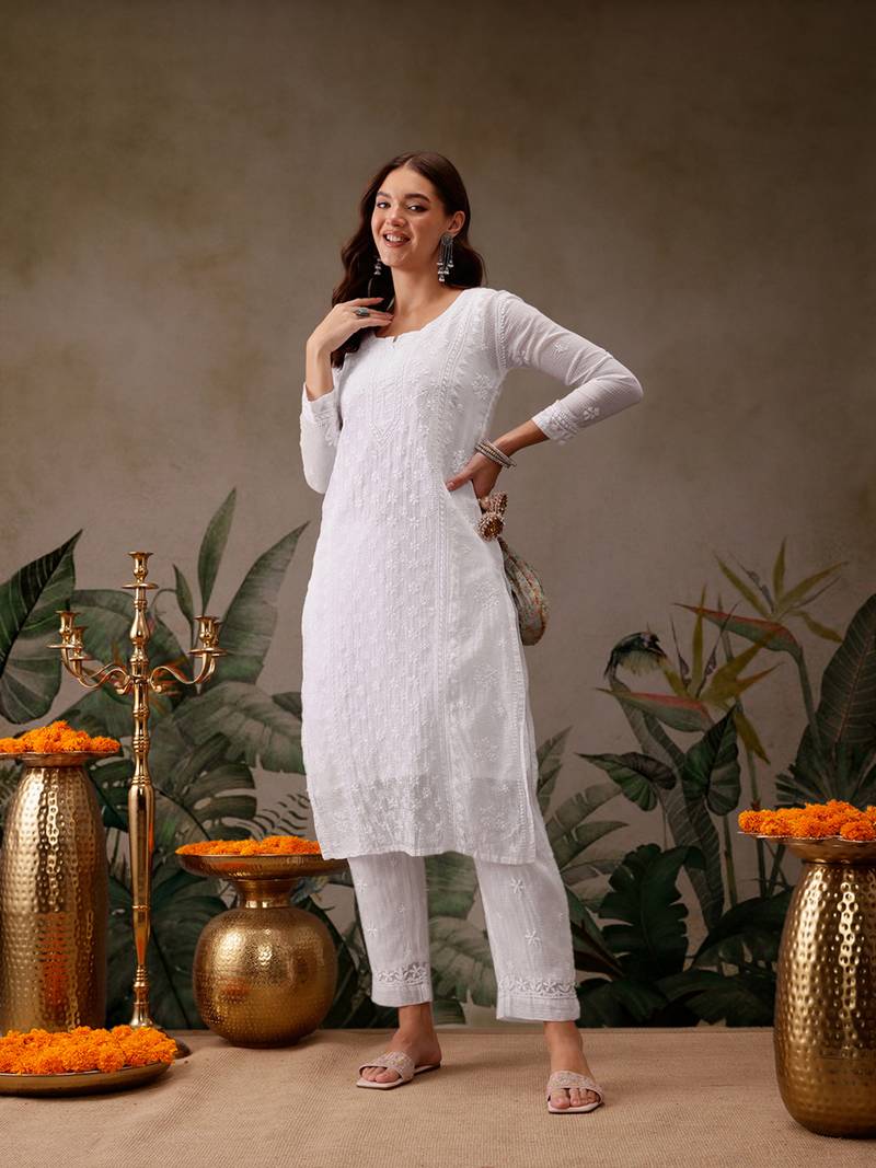 Hand Embroidered White Kota Lucknowi Chikankari Kurta With Slip