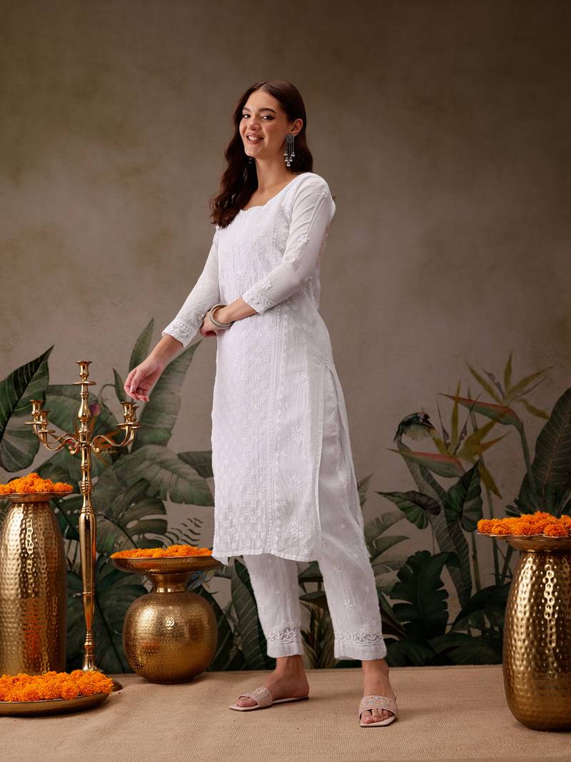 Hand Embroidered White Kota Lucknowi Chikankari Kurta With Slip