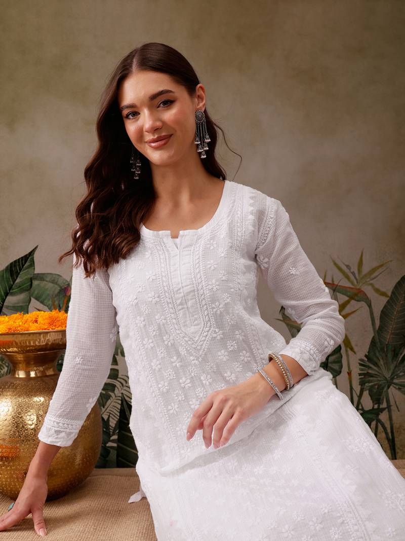 Hand Embroidered White Kota Lucknowi Chikankari Kurta With Slip
