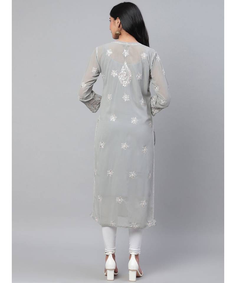 Ada Hand Embroidered Grey Georgette Lucknow Chikankari Women Kurta-Slip With Gota Patti Work - A411115