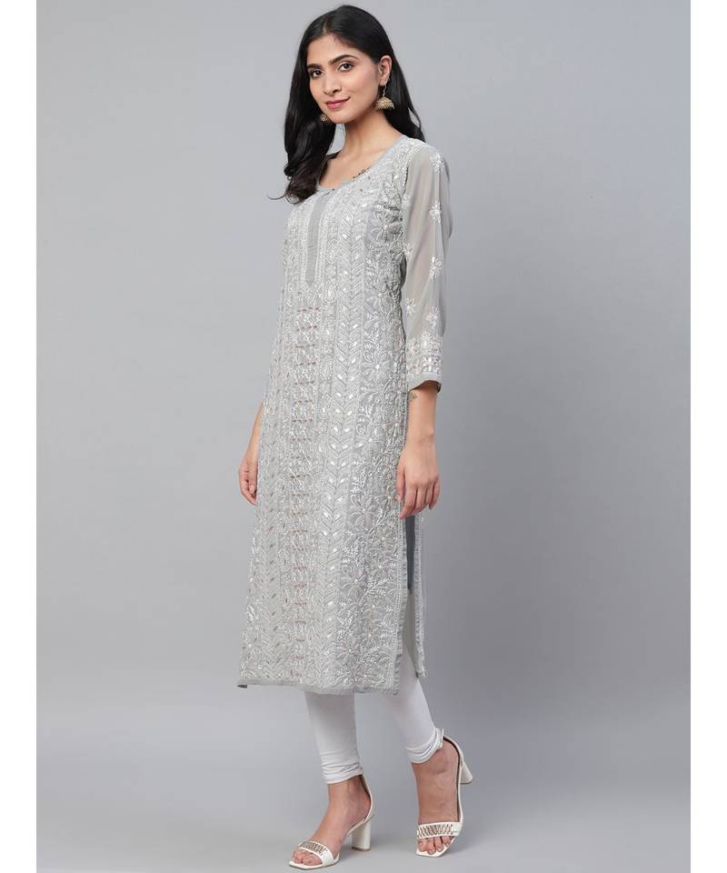Ada Hand Embroidered Grey Georgette Lucknow Chikankari Women Kurta-Slip With Gota Patti Work - A411115