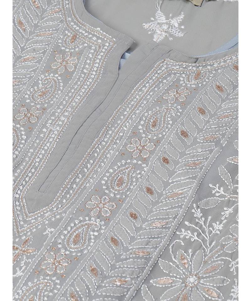 Ada Hand Embroidered Grey Georgette Lucknow Chikankari Women Kurta-Slip With Gota Patti Work - A411115