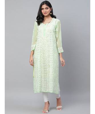 Ada Hand Embroidered Green Georgette Lucknowi Chikankari Women Kurta::Slip With Gotapatti Work - A411110 1