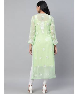 Ada Hand Embroidered Green Georgette Lucknowi Chikankari Women Kurta::Slip With Gotapatti Work - A411110 3
