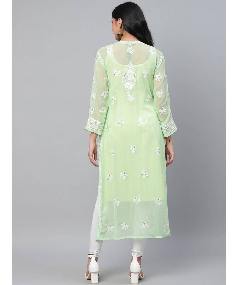 Ada Hand Embroidered Green Georgette Lucknowi Chikankari Women Kurta::Slip With Gotapatti Work - A411110