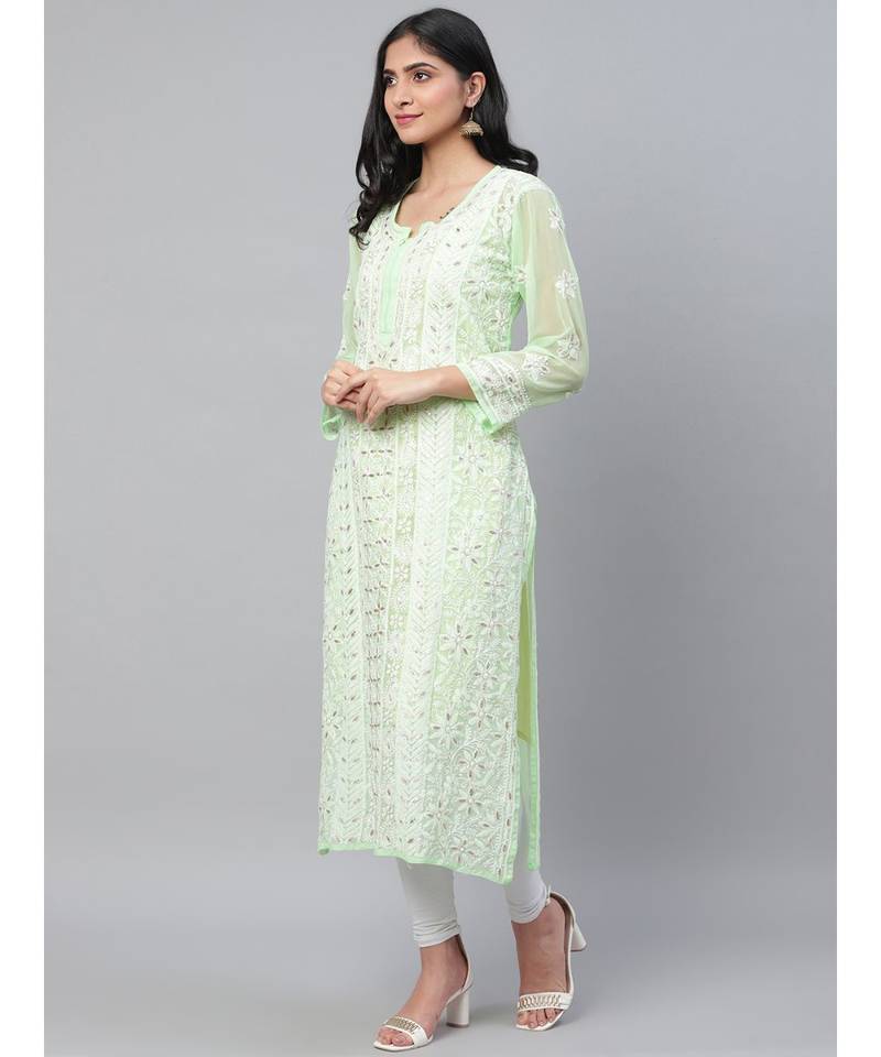 Ada Hand Embroidered Green Georgette Lucknowi Chikankari Women Kurta::Slip With Gotapatti Work - A411110