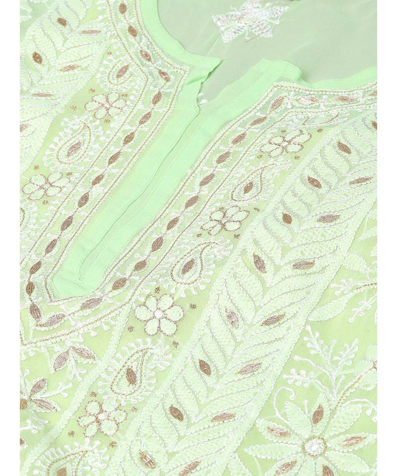 Ada Hand Embroidered Green Georgette Lucknowi Chikankari Women Kurta::Slip With Gotapatti Work - A411110