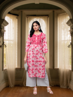 Ada Hand Embroidered Pink Kota Lucknowi Chikan Women Kurta - A100585 1
