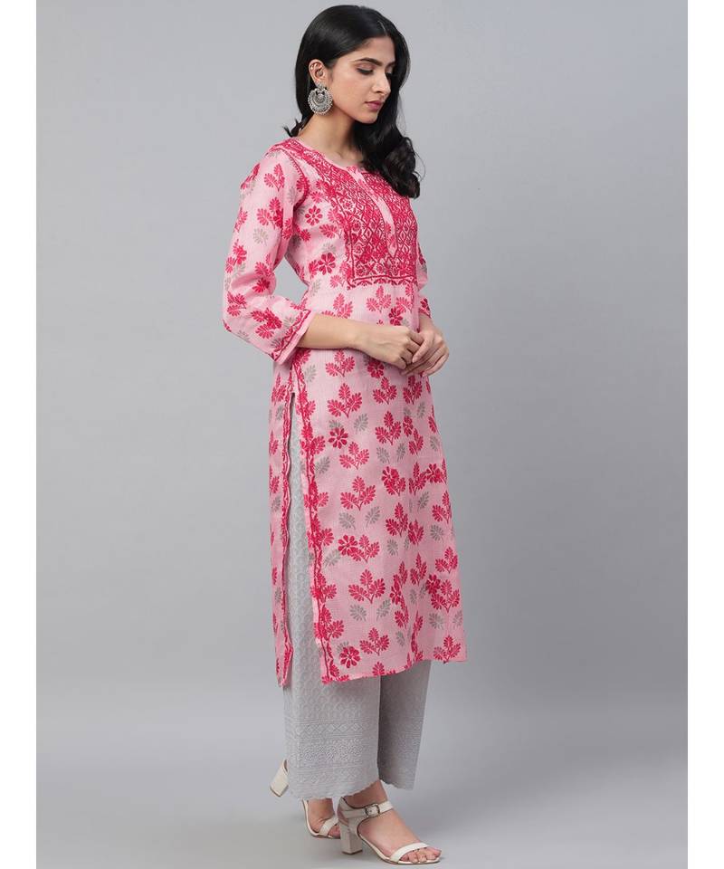 Ada Hand Embroidered Pink Kota Lucknowi Chikan Women Kurta - A100585