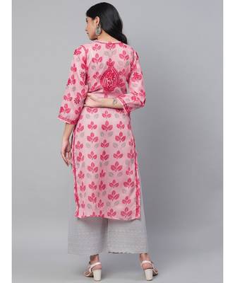 Ada Hand Embroidered Pink Kota Lucknowi Chikan Women Kurta - A100585 3