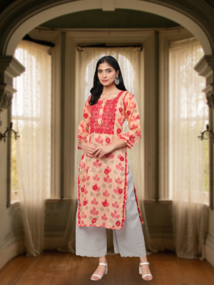 Hand Embroidered Peach Kota Lucknow Chikan Women Kurta 1
