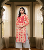 Hand Embroidered Peach Kota Lucknow Chikan Women Kurta