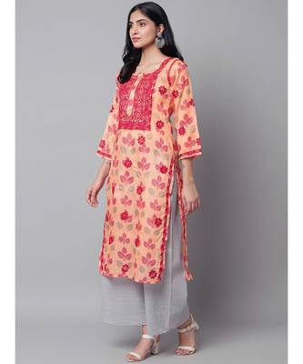 Hand Embroidered Peach Kota Lucknow Chikan Women Kurta 2