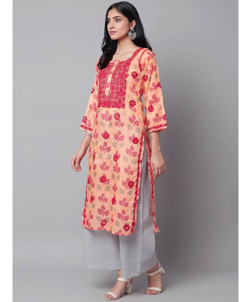 Hand Embroidered Peach Kota Lucknow Chikan Women Kurta